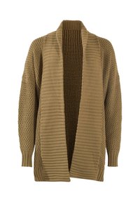 Braune gestrickte Cardigan mit offener Vorderseite, mit strukturierten Ärmeln, geripptem Kragen und Bündchen, vor einem weißen Hintergrund angezeigt.