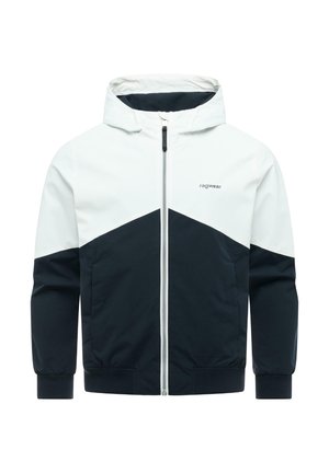 Hettejakke med hvit øvre del og svart nedre del, frontglidelås, lange ermer og "ragwear"-logo på venstre bryst.