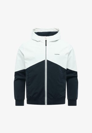 Kapuzensweatjacke mit weißem Oberteil und schwarzem Unterteil, Frontreißverschluss, langen Ärmeln und "ragwear"-Logo auf der linken Brust.