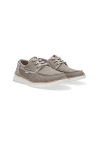 Hellgraue Leinenschuhe mit beiger Sohle, runder Zehenform, Schnürsenkeln und kontrastierenden Nähdetails. Verfügt über einen Schlaufenanhänger an der Ferse.
