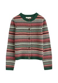 Knopjescardigan met een Fair Isle patroon in groen, rood, roze en roomkleur, met ribbelkraag, -manchetten en -zoom.