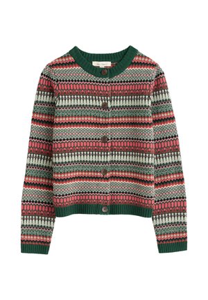 Buttoned cardigan with green, red, pink, and cream Fair Isle pattern, ribbed collar, cuffs, and hem.