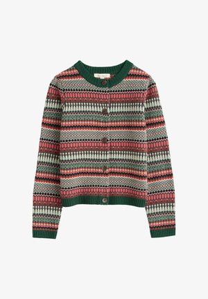 Sweter zapinany na guziki z wzorem Fair Isle w kolorach zielonym, czerwonym, różowym i kremowym, z prążkowanym kołnierzem, mankietami i dołem.