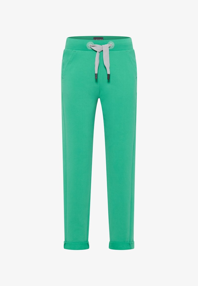 Grüne Baumwoll-Jogginghosen mit einem Kordelzugbund, elastischen Bündchen, seitlichen Taschen und einer glatten Textur. Kontrastierender grauer Kordelzugakzent.