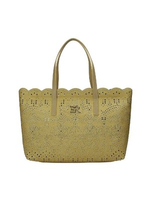 Borsa a rete gialla con bordi ondulati, due manici e un design ritagliato. Presenta un accento del logo metallico sulla parte anteriore.