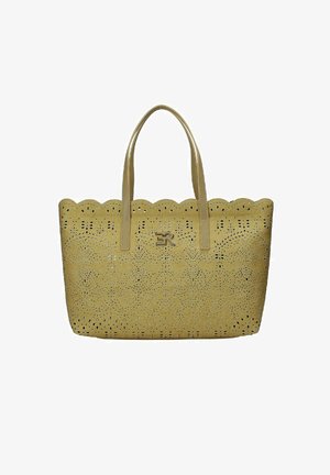 Borsa a rete gialla con bordi ondulati, due manici e un design ritagliato. Presenta un accento del logo metallico sulla parte anteriore.