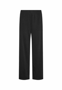 Pantaloni neri a gamba larga realizzati in tessuto morbido, con vita elastica e superficie liscia, adatti per un look casual o per rilassarsi.