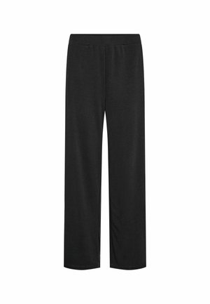 Black wide-leg pants made of soft fabric, featuring an elastic waistband and smooth texture, suitable for casual wear or lounging.