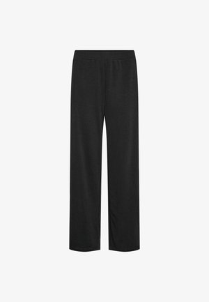 Sorte wide-leg bukser lavet af blødt stof, med elastisk talje og glat tekstur, velegnede til afslappet brug eller hjemmehygge.
