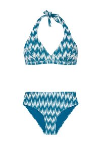 Turkoosi ja valkoinen kuviollinen bikinit-setti, jossa on solmittava kaula-aukko ja korkeavyötäröiset alusosat, molemmat joustavaa materiaalia.