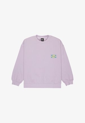 Hellvioletter Sweatshirt aus weichem Stoff, mit rundem Ausschnitt und gerippten Bündchen. Auffälliger Graphic-Print auf der linken Brustseite.