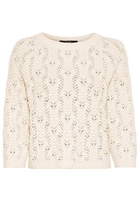 Pull en tricot crème avec un motif ajouré complexe, encolure et poignets côtelés, et une coupe décontractée. Tissu léger et texturé.