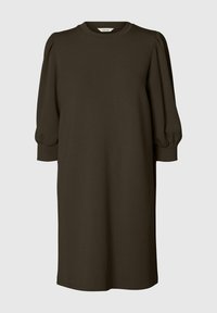 Tumma oliivinvihreä polvipituinen mekko, jossa on pyöreä pääntie ja liehuvat hihat. Valmistettu sileästä kankaasta, siinä on rento istuvuus ja yksinkertainen malli.