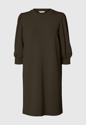 Tamsiai alyvuogių žalia, kelių kelio ilgio suknelė su apvalia iškirpte ir pūstomis rankovėmis. Pagaminta iš lygios medžiagos, pasižymi laisvu siluetu ir paprastu dizainu.