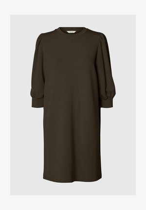 Ciemnooliwkowa sukienka za kolano z okrągłym dekoltem i bufiastymi rękawami. Wykonana z gładkiej tkaniny, charakteryzuje się luźnym krojem i prostym wzorem.