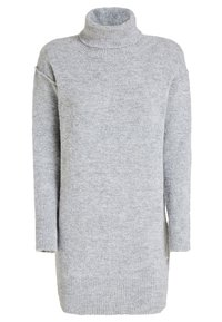 Pull à col roulé gris en tricot doux, avec une coupe décontractée, des manches longues et des détails côtelés au col et à l'ourlet.