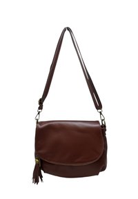 Borsa a tracolla in pelle marrone con tracolla regolabile e tirazip con nappina, chiusura a patta arrotondata e minuteria in tonalità oro.