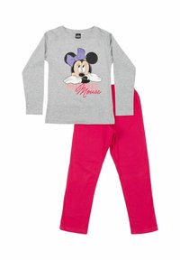 Maglietta grigia a maniche lunghe con una grafica di Minnie Mouse e scritte rosa, abbinata a pantaloni rosa brillante, entrambi in morbido cotone.