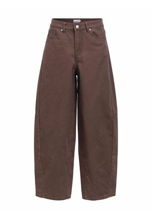 Brune højttaljede bukser med vide ben, frontknap og lynlås, forlommer og bæltestropper, vist på en ensartet hvid baggrund.