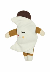 Zachte stoffen pop met een wit lichaam, bruin haar en beige armen. Heeft decoratieve gezichtselementen: gesloten ogen en een glimlach.