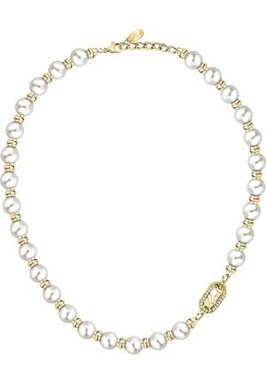 Collier de perles avec des perles blanches espacées uniformément et des petits anneaux en or, avec un fermoir en or et un pendentif décoratif orné de cristaux incrustés.