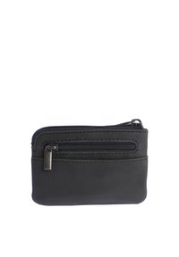 Billetera de cuero negro con un compartimento con cremallera, superficie texturizada y detalles cosidos. Cuenta con un bolsillo frontal adicional con cremallera.