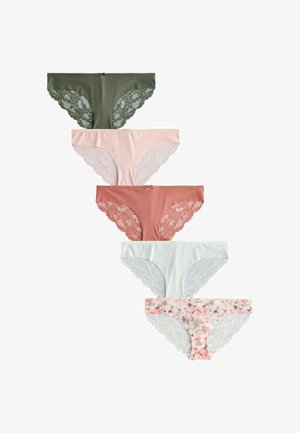 Sada pěti kalhotek s krajkovou ozdobou. Barvy zahrnují olivově zelenou, růžovou, korálovou, bílou a květinový vzor. Hladká látka, různé tvary.