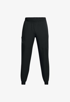Sorte træningsbukser med elastisk talje, tætsiddende bendesign, sidelommer og kontrasterende paneldetaljer. Let og glat stof.