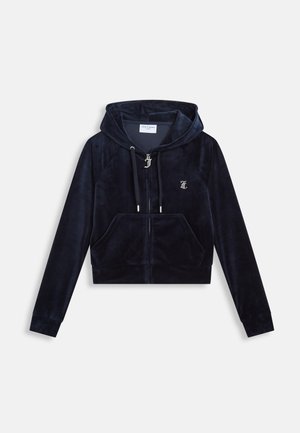 Navy blue cropped hoodie made of soft velvet, featuring a front zipper, drawstring, and front pockets, with a small logo on the chest.