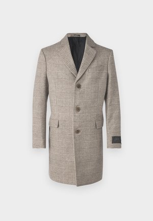 Beige-karierter Übermantel mit Reverskragen, Drei-Knopf-Verschluss, zwei Fronttaschen und schwarzem Innenfutter. Strukturierter Wollstoff.