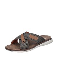 Grå nätstrandsandal med bruna läderdetaljer, design med korsband, texturerad fotbädd och vit gummisula. Öppen tå-stil.