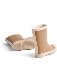 Beige kumisaappaat, joissa on sileä kumipinta, pyöreä kärki, matala nilkkakorkeus ja teksturoitu kumipohja pitävyyttä varten.