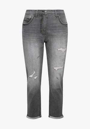 Grijze verwashed spijkerbroek met een rechte pasvorm, voorzien van rafelige plekken en omgeslagen zoom. Gemaakt van denim met een zachte, licht versleten textuur.