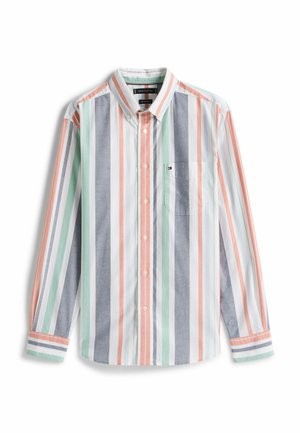 Langärmliges Baumwollhemd mit vertikalen Streifen in Hellblau, Grün, Pfirsich und Grau. Es verfügt über einen Kragen, eine Brusttasche und eine Knopfverschluss.
