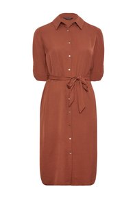 Hemdkleid aus leichtem Stoff in Rostfarbe, mit Kragen, durchgehender Knopfleiste, ellenbogenlangen Ärmeln und einem gebundenen Taillendetail.