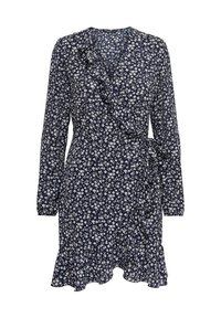Navyblaue florale Wickelkleid mit langen Ärmeln, Rüschenausschnitt, Bindegürtel und schwingendem Saum. Der Stoff zeigt kleine weiße Blumen.