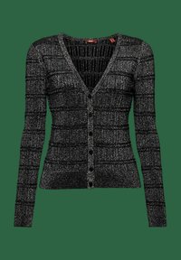 Cardigan tricoté noir et argent à manches longues, col en V et fermeture à boutons devant sur fond vert.
