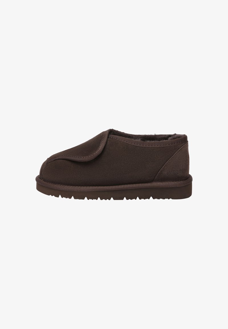 Brown slip-on shoe with a soft suede-like material, textured upper, and a sturdy rubber sole with small tread patterns.