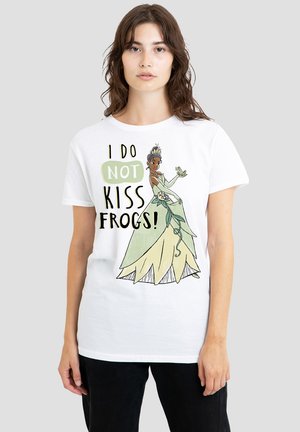 White cotton t-shirt featuring a graphic of a character wearing a green gown, with the text "I DO NOT KISS FROGS!" in bold black lettering.