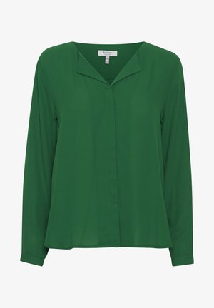 Roheline pika varrukaga pluus kerge kangaga. Omab V-kaelust ja laia lõiget sirge äärisega. Lihtne disain, ilma mustriteta.