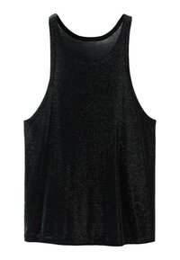 Canottiera nera con tessuto testurizzato e lucido, decorata con piccoli punti riflettenti, scollatura rotonda e ampiefessure per le braccia.