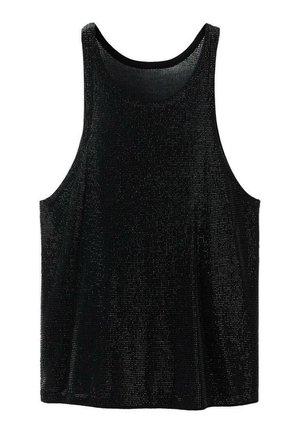 Czarny top bez rękawów z teksturowanej, błyszczącej tkaniny z małymi, refleksyjnymi kropkami, szerokimi otworami na ramiona i okrągłym dekoltem.