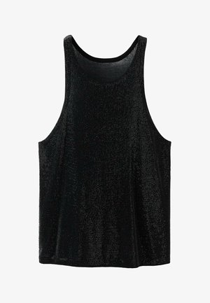 Czarny top bez rękawów z teksturowanej, błyszczącej tkaniny z małymi, refleksyjnymi kropkami, szerokimi otworami na ramiona i okrągłym dekoltem.