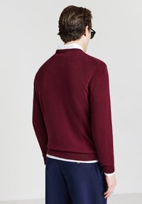 Burgunderfarbener Pullover mit Rundhalsausschnitt, gerippten Bündchen und Saum. Über einem weißen, kragenlosen Hemd getragen, kombiniert mit marineblauen Hosen. Glatte Textur.