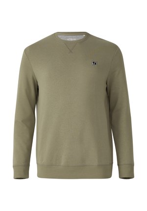 Olivegrüner Sweatshirt aus weichem Material, mit Rundhalsausschnitt, langen Ärmeln, gerippten Bündchen und einem kleinen Logo auf der Brust.