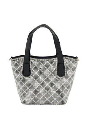 Struktureret sort-hvid håndtaske med et diamantmønster, syntetisk materiale, to sorte håndtag og en lynlåslukning.