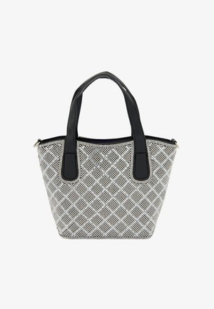 Struktureret sort-hvid håndtaske med et diamantmønster, syntetisk materiale, to sorte håndtag og en lynlåslukning.