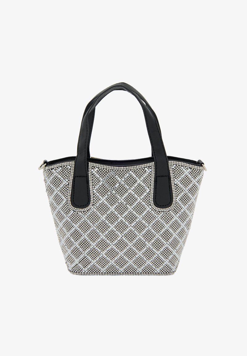 Torba w czerni i bieli z fakturą z wzorem w diamenty, wykonana z materiału syntetycznego, z dwiema czarnymi uchwytami i zapięciem na zamek.