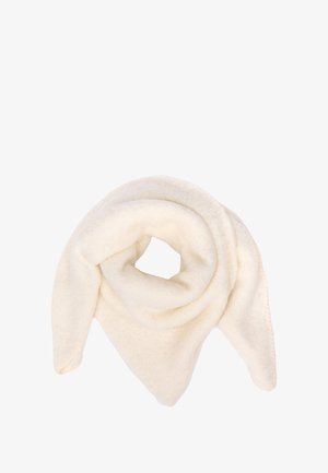 Cremfarbener Schal aus weich strukturiertem Stoff, mit dreieckiger Form und spitzen Enden sowie einer glatten Oberfläche.