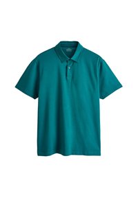 Polo manches courtes vert sarcelle avec une coupe régulière, col avec revers et patte à deux boutons.
